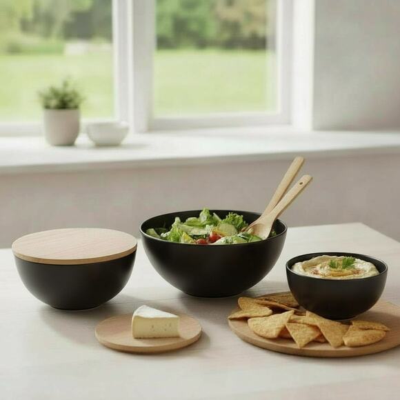 Bamboo Serving Bowl Set with Cutting Board Lids – Black (3 Bowls + Utensils) - Picture 2 of 6